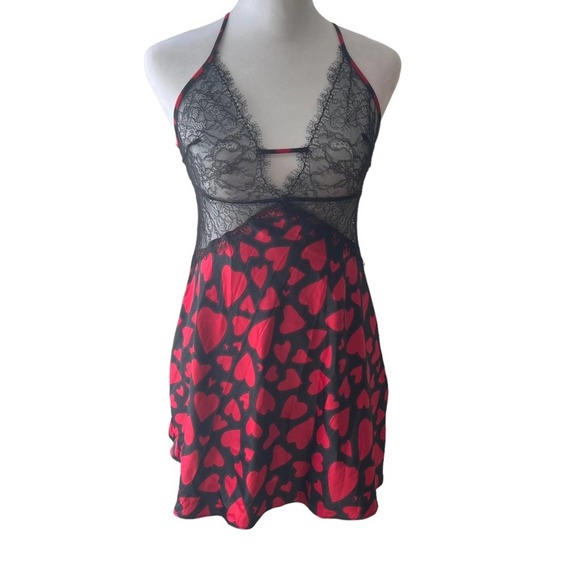 Victorias Secret Abstract Hearts Black Lace Plunge Slip NWT SZ S